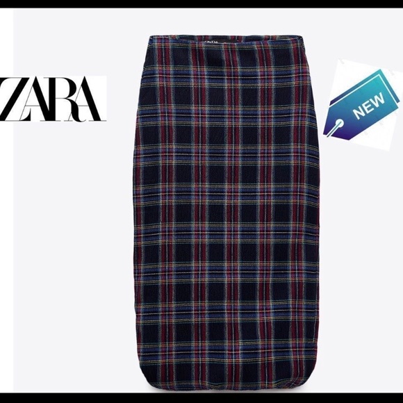 NWT Zara Navi blue/red plaid midi skirt, size S